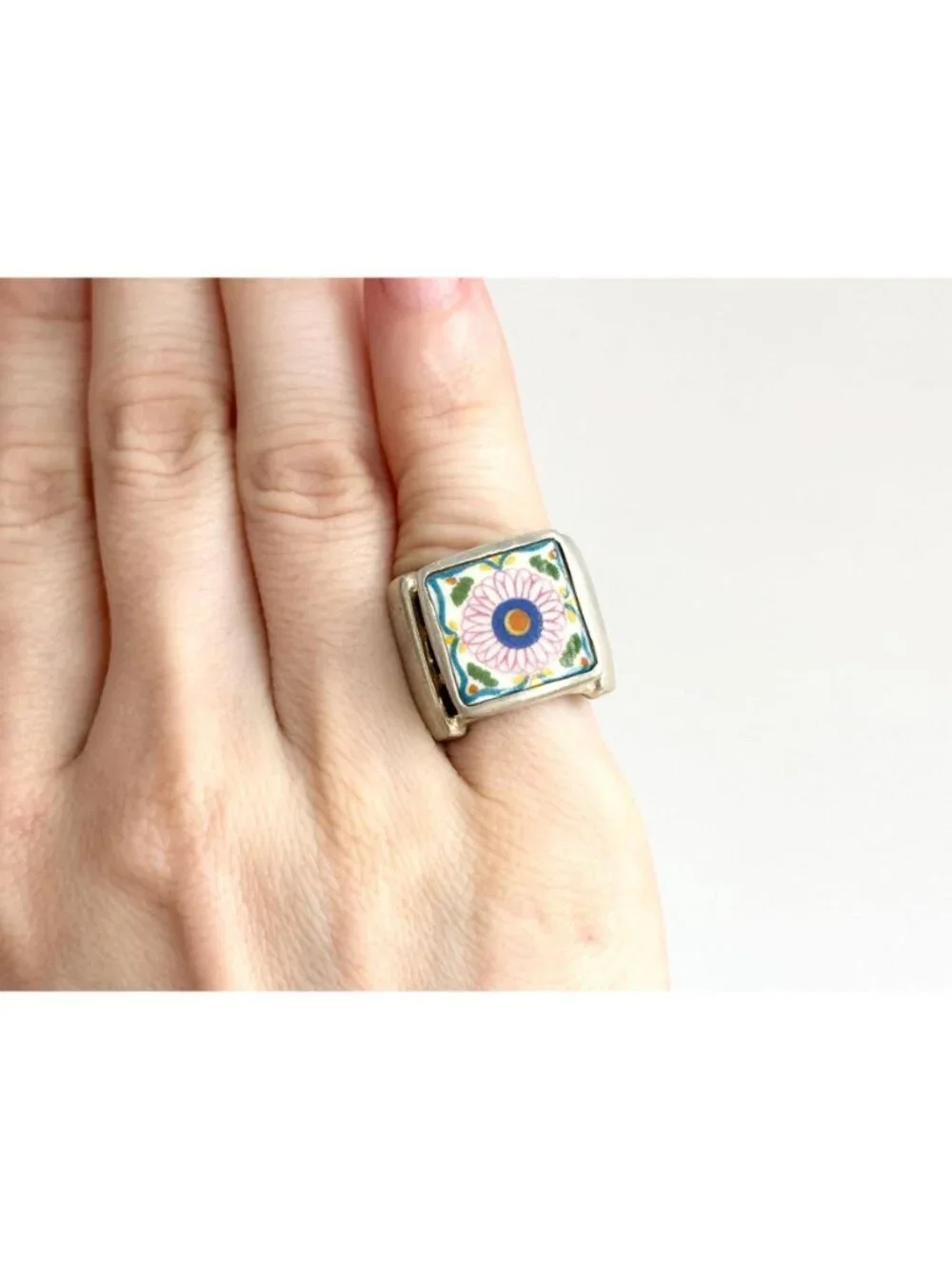 Porcelain Floral Painted Tilework Chunky Sterling Silver 925 Vintage Ring - sz 5